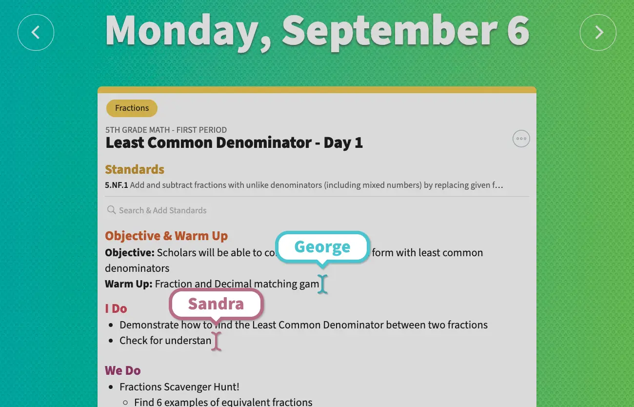 An image of a single lesson showing both George and Sandra editing the same lesson at the same time.